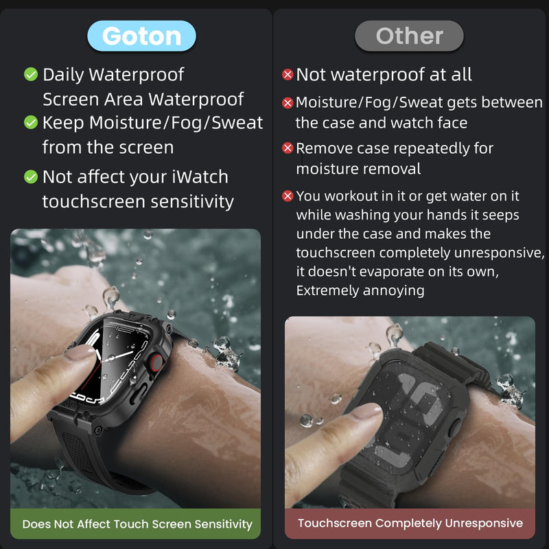 Goton 3 in 1 Waterproof Case and Band with Tempered Glass Screen Protector for Apple Watch Series 9 8 7 6 5 4 SE Ultra 44mm 40mm 45mm 41mm 49mm, Bumper Cover for iWatch Accessories, 45mm