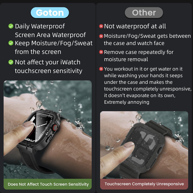 Goton 3 in 1 Waterproof Case and Band with Tempered Glass Screen Protector for Apple Watch Series 9 8 7 6 5 4 SE Ultra 44mm 40mm 45mm 41mm 49mm, Hard PC Front&Back Bumper Cover for iWatch Accessories Black