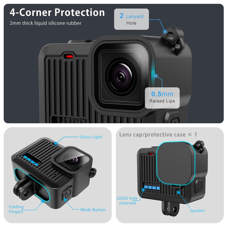 [AUSTRALIA] - FitStill Silicone Sleeve Rubber Case for Go Pro Hero 4K,Protective Housing Case Replace Battery Side Cover&Screen Protectors&Lens Caps&Lanyard for Hero4K 2024 Action Camera Accessories Kit Hero 4K (Silicone Case) 