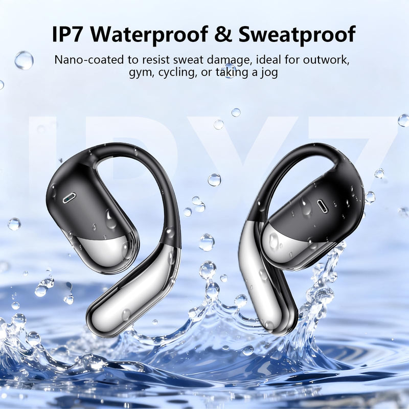 Open Ear Bone Conduction Headphones，,Over Ear Earbuds with Ergonomic Earhook,Bluetooth Headphones 5.4 with Smart Digital Display,60H Playtime,IPX7 Waterproof,Touch Control Operate Running Fit Cycling Black