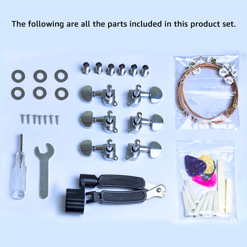 [AUSTRALIA] - Premium All-Metal Closed-Back Guitar Tuning Peg Set of 6 (3L+3R) +Red Copper Strings Bridge Pins & Nut for Acoustic Guitar, Includes Installation Tools (Round-head) Round-head 