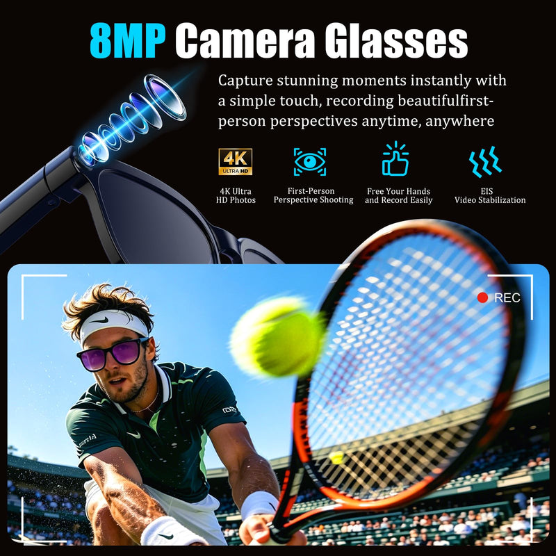 AI Smart Glasses with Camera,4K HD Camera Glasses with EIS Image Stabilization,Video Recording Glasses with AI Assistant,Wi-Fi+Bluetooth 6.0 Transfer,Replaceable 3 Lens,Real-Time Translation
