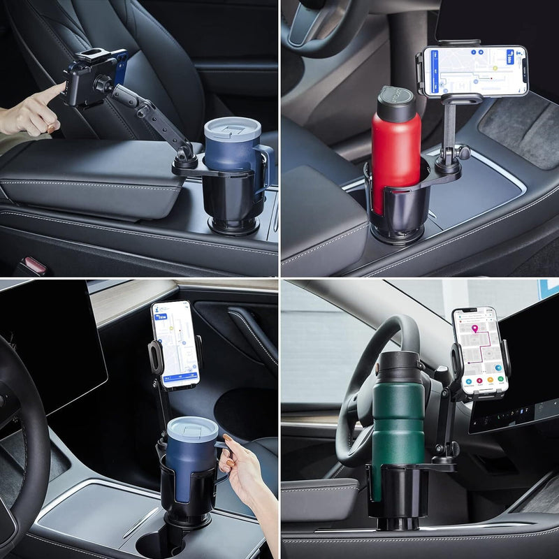 Cup Holder Phone Mount, 2 in 1 Cup Holder Expander for Car Long Arm with 360°Rotation Cup Holder Cell Phone Holder for Car Compatible with All Smartphones