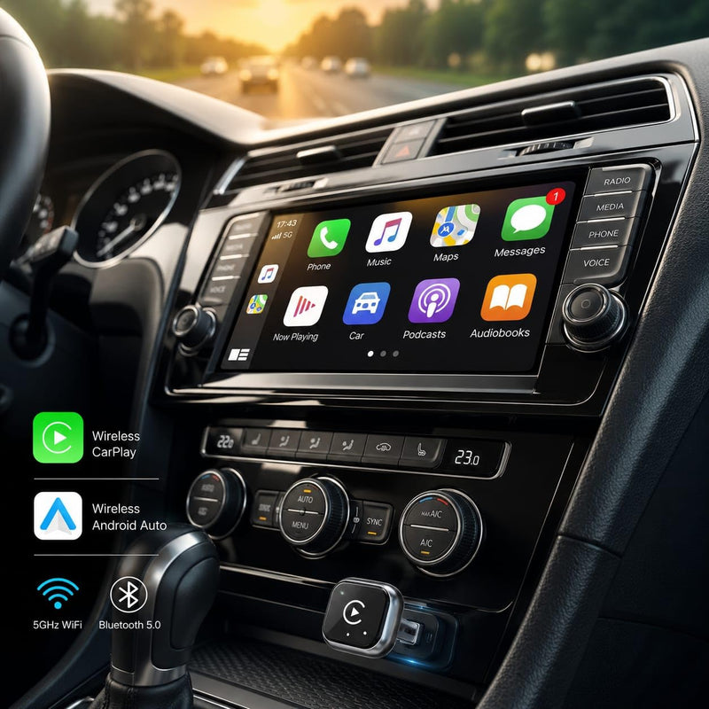 2-in-1 Mini Wireless CarPlay & Android Auto Adapter | Plug & Play, Converts Wired to Wireless, Fast Auto-Connect, Compact Design, USB/USB-C Port