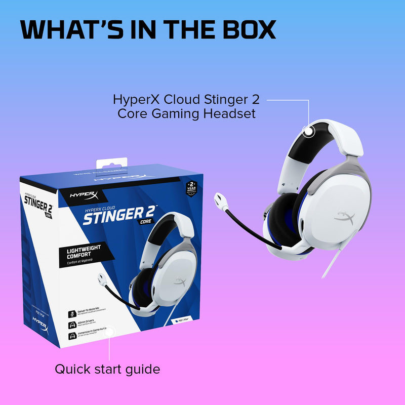 HyperX Cloud Stinger 2 Core - Gaming Headset for Playstation, Lightweight Over-Ear Headset with mic, Swivel-to-Mute Function, 40mm Drivers - White Wired