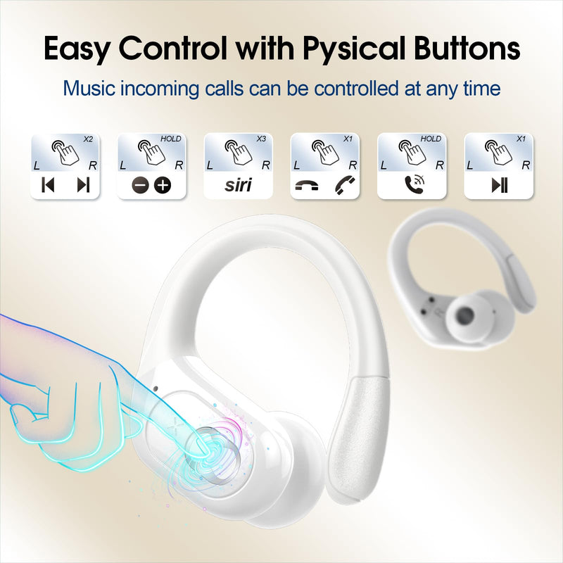 Wireless Earbuds 75H Bluetooth 5.4 Sport Headphones with Earhooks, White | IPX7 Waterproof In-ear Buds Feature ENC Noise Cancelling Mic & Deep Bass. Stereo Sound Device for Gym Running Workout