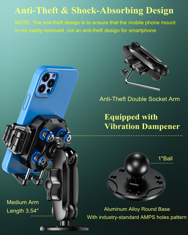 BRCOVAN Anti-Theft Phone Mount Holder with Vibration Dampener, 1s Locking | Don't Block Camera, with Aluminum Round Base & Medium Arm, for Car Boat Truck Motorcycle UTV, Fit 5.4-7.2'' Smartphones