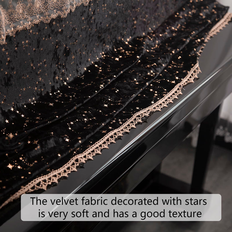 Luxury Velvet Piano Cover for Upright Pianos, Black with Gold Stars and Lace Trim, Quilted Top