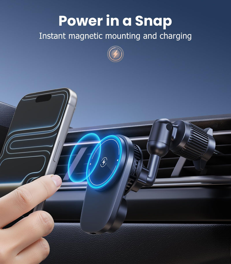 Long-arm Wireless Magnetic Car Phone Holder Mount with Cooling Fan & RGB Lights, 15W Fast Charging Auto-Rotate Charger for iPhone 17/16/15/14/13/12 S25 Samsung Google, Car Air Vent Mount Vent clip