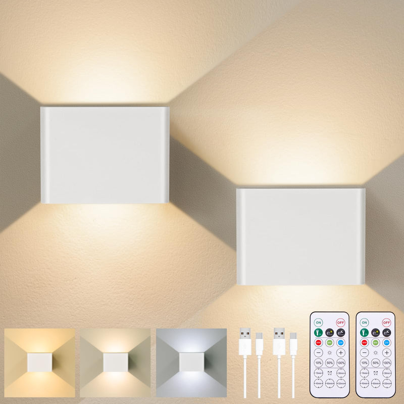 [AUSTRALIA] - Yochoice Motion Sensor Wall Light Indoor Set of 2, 6000mAh Wireless Rechargeable Battery Operated LED Sconce Up Down with Touch Remote Control, Battery Powered Magnetic Wall Lamps with 3CCT, White 2-pack 