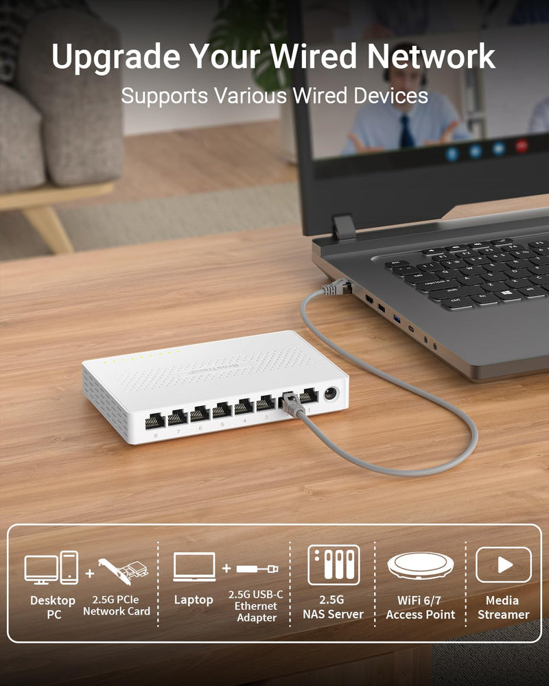 BrosTrend 2.5Gb Switch, 8 Port Unmanaged Network Switch for Gaming, Fanless | Plug & Play Ethernet Switch, 2.5G Multi Gigabit Switch for Xbox, NAS, Computer etc. Desktop / Wall Mount, Lifetime Protection