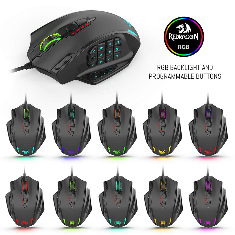 Redragon M908 Impact RGB LED MMO Mouse with Side Buttons Optical Wired Gaming Mouse with 12,400DPI, High Precision, 20 Programmable Mouse Buttons Black Wired