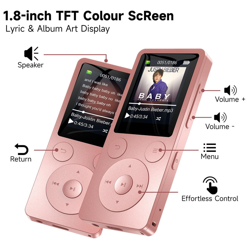 32GB MP3 Player with Bluetooth 5.3, Speaker, Simple Physical Buttons | Portable Music Player with FM Radio, 1.8 inch Screen, 40 Hour Battery Life, Voice Recorder, Supports 128GB Micro SD Card Pink