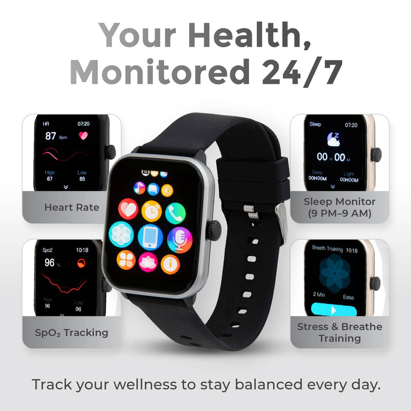 iWatch Silver Smart Watch, 1.85" Touch Screen Fitness Tracker, Men & Women | Black rubber band. AMOLED, Bluetooth calling, heart rate, sleep & step tracking, 3ATM water resistant, iOS & Android Silver Case + Black Rubber Band