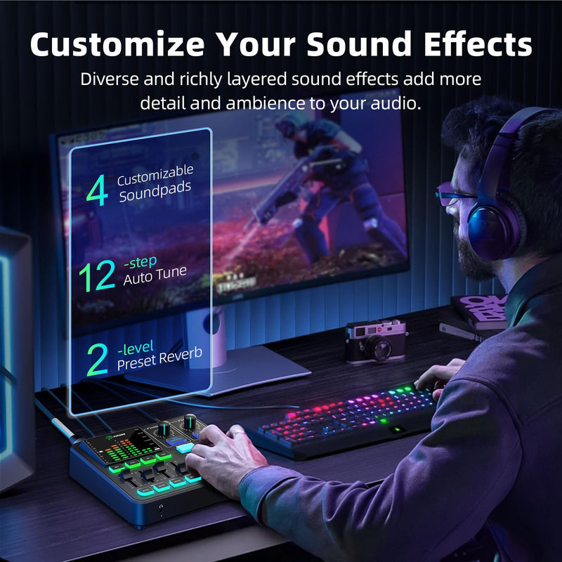 [AUSTRALIA] - PUPGSIS Gaming Audio Mixer, Audio Interface for PC/Podcast/Streaming, Sound Board with 3.5mm/XLR Mic Input, 48V Phantom Power, Voice Changer, Live Sound Card with DJ Mixer Effects/Bluetooth/4 Channel Black 