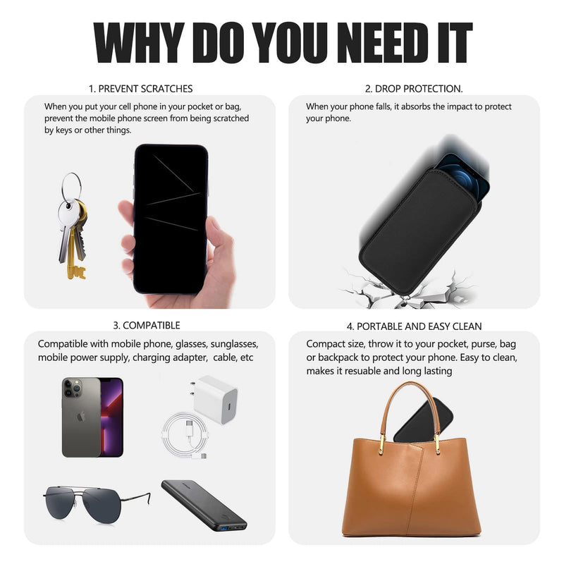 2 PCs Neoprene Cell Phone Sleeve Phone Pouch Compatible for Apple iPhone 15 14 Pro Max Galaxy S24 S23 Ultra S24+ S23 FE A54 A53 OnePlus 12 11 10T Pixel 8 7 6 Pro Nokia G310 (Large, Black) Large: Fits phone w/ Slim to Medium Case on