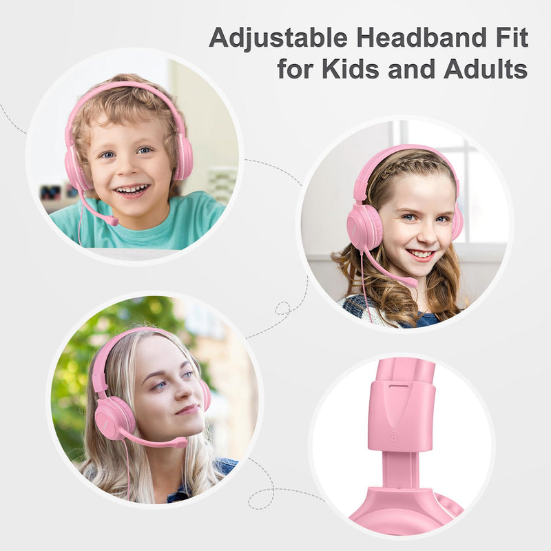 SIMOLIO-Kids-Headphones-School with-USB-C to 3.5mm Dongle, Boom-Microphone | 75/85/94dB Volume Limit,Mute Button,Bag, Stereo Over-Ear Wired Headset for iPad,iPhone,Tablet,Boy,Girl,Gaming,Travel,Airplane Rose & Navy USB C & 3.5mm