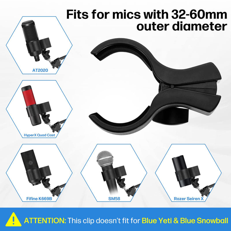 BILIONE 4pcs Versatile Microphone Clip, Adjustable Mic Holder for Microphones with Outer Diameter Range 1.26" from 2.3", with 5/8" Male to 3/8" Female Screw Adapter(Black) 4 Pack black