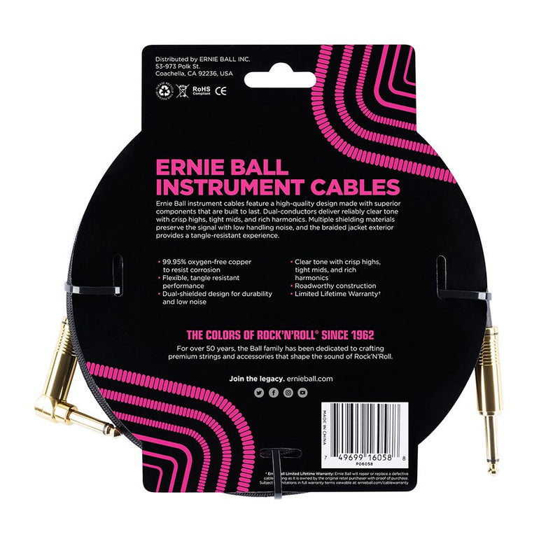 [AUSTRALIA] - Ernie Ball Braided Instrument Cable, Straight/Angle, 25ft, Black (P06058) 