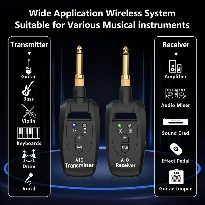 Wireless Guitar Transmitter Receiver 2.4GHz Rechargeable, 6.35mm and 3.5mm Plugs Audio Wireless Guitar System 250° Rotatable for Bass Keyboard Drums Multiple Instruments (A10 Black)