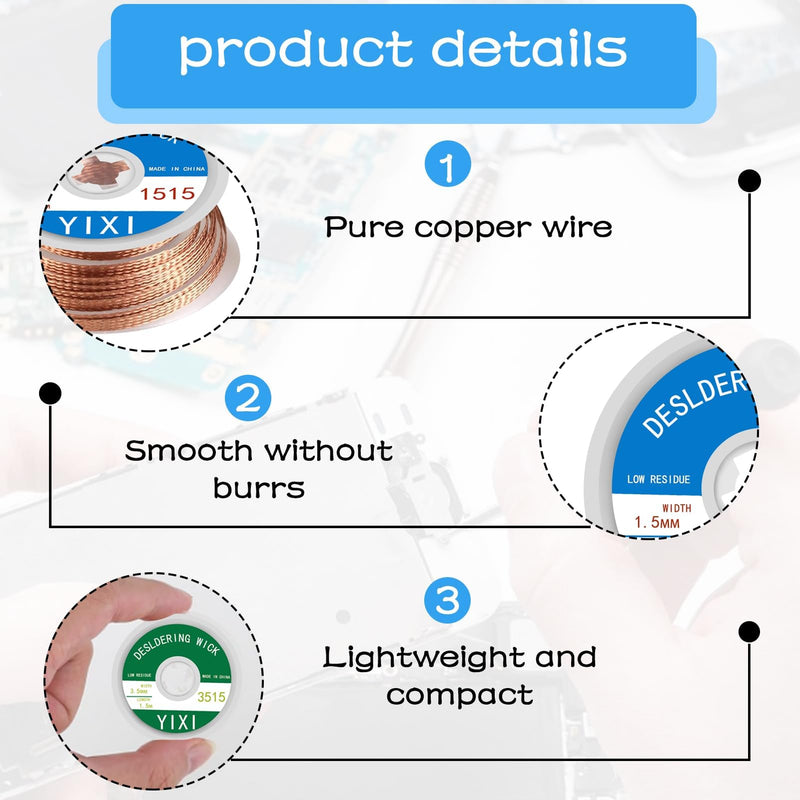 Desoldering Wire, Pack of 6 Braid Solder Wick, Desoldering Braid 1.5 m Copper Wire (1.0/1.5/2.0/2.5/3.0/3.5 mm) for Desoldering to Remove the Solder Wick from Solder Points
