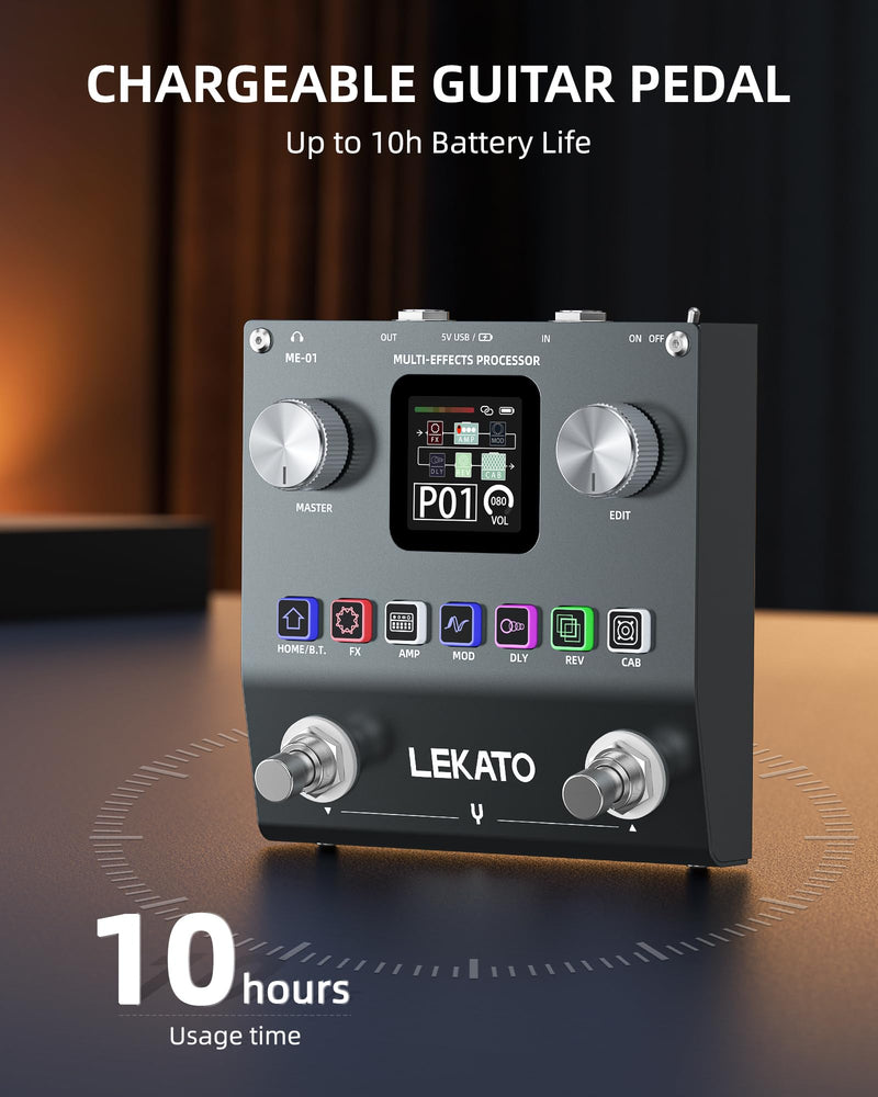 LEKATO Multi Effects Guitar Pedal, Electric Guitar Effects Pedal, Pocket Rechargeable Effects Processor with 6 Effects Modules, 80 Presets, 20 IRs, BT Audio, Headphone Output
