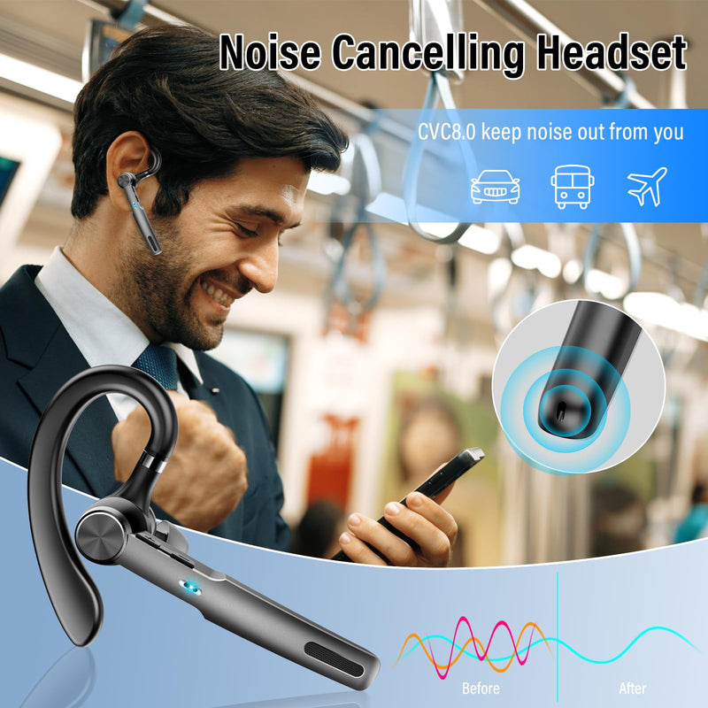 Bluetooth Headset, 2026 Wireless Bluetooth 5.3 Earpiece, 60 Hours Single-Ear Headset with Mute Button, Dual Noise Cancelling Mics, IP7 Waterproof Hands Free Headphone for Trucker, Business, Black