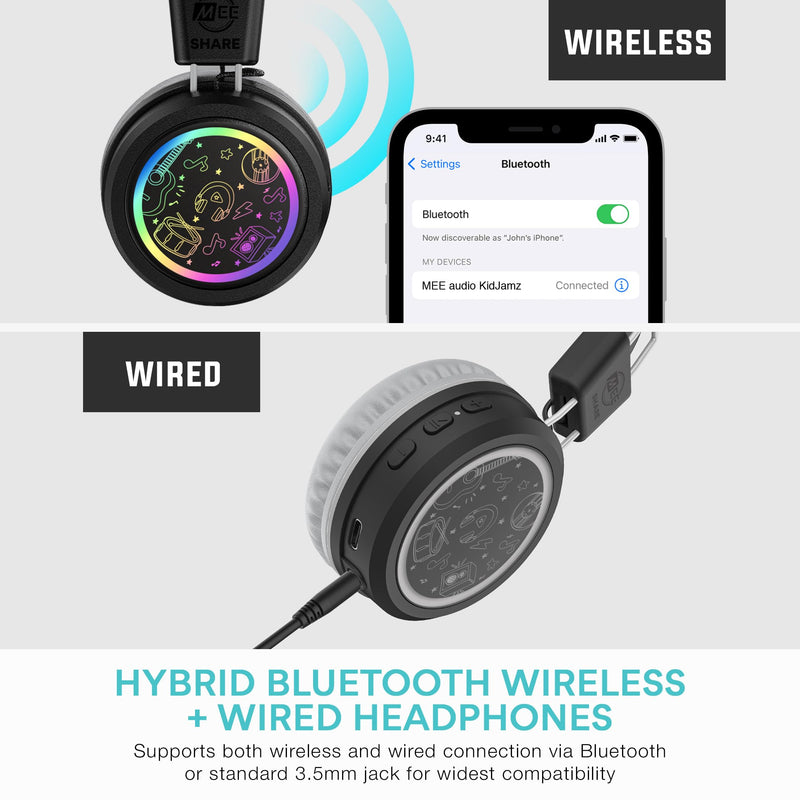 MEE audio KidJamz Share Bluetooth Headphones for Kids with LED Lights, 85dB Volume Limiter, Microphone, 40h Battery; Childrens Headset for School/iPhone/iPad/Tablet (Model: KJ55BT-S, 2-Pack) Black Share (2-Pack)