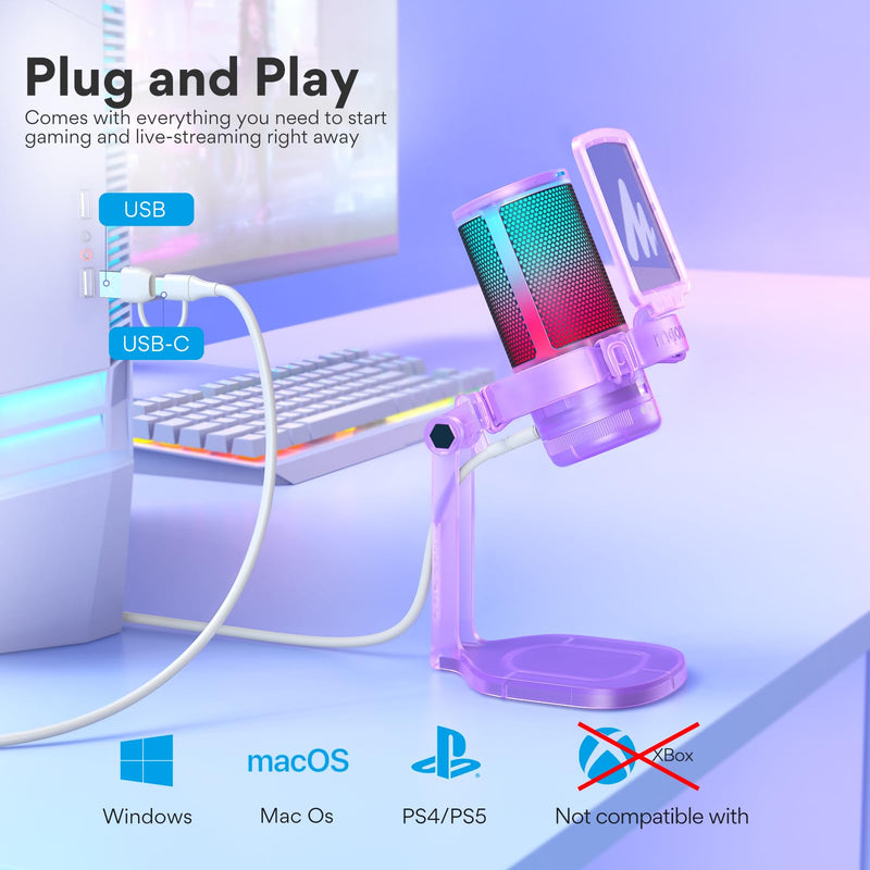 MAONO Gaming Microphone with Noise Cancellation, PC USB Condenser Mic for Computer, Mac, Laptop, PS5, Streaming, Podcast, Twitch, YouTube, Discord, GamerWave DGM20 Purple