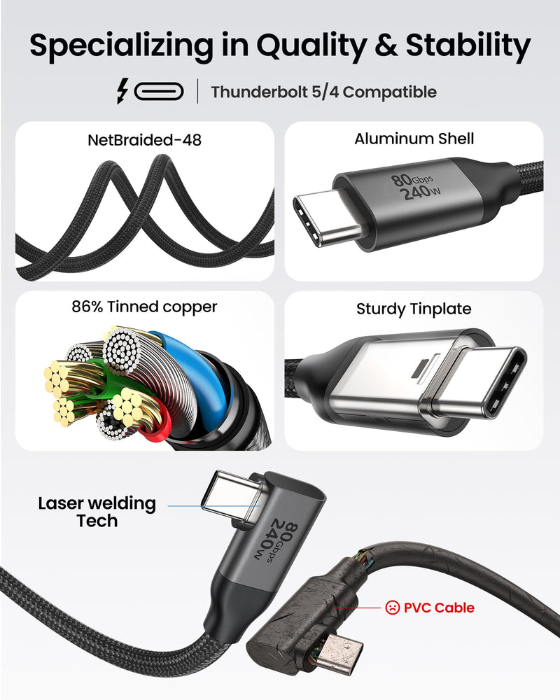 Silkland 80Gbps Right Angle USB 4 Cable for Thunderbolt 5 Cable 240W 10FT | 120Gbps Bandwidth, 8K@120Hz/4K@540Hz, 90 Degree USB C Video Cable Compatible Thunderbolt 5/4, MacBook, iPhone 17/16, Dock 1