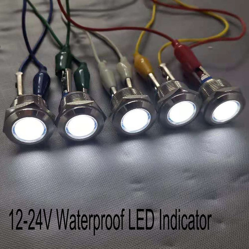 GUUZI 5pcs 12V-24V 19mm LED Metal Indicator Light Waterproof Signal Lamp with Wire (White) White-19 mm