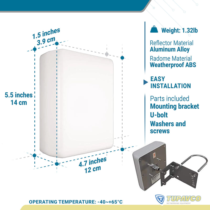 Dual-Band Outdoor Directional Panel Antenna (2.4GHz & 5GHz Signal) | Wireless network signal antenna w/ high gain (13dBi) 2.4GHz/5GHz WiFi capabilities, weatherproof, long range - Tupavco TP542 Ø30-Ø50mm