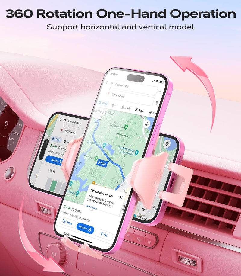 VICSEED Ultra Stable Pink Car Phone Holder Vent [Never Fall Off & Break] | Universal Vent Cell Phone Mount for Car Easy Clamp Automobile Cradle for iPhone 17 Pro Max 16 15 14 Car Accessories Women