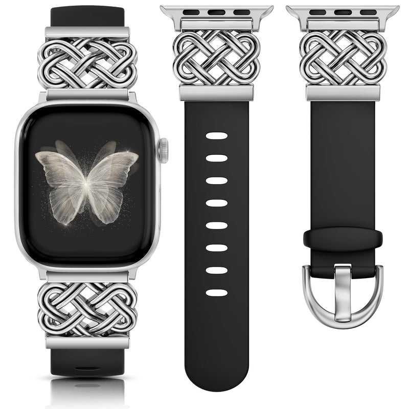 Minyee 2 Packs Band Compatible with Apple Watch Band Women 42/46/38/40/41/44/45/49mm, Celtic Knot Silicone Band & Dressy Honeycomb Pretty Adjustable Metal Designer Classy Wristband