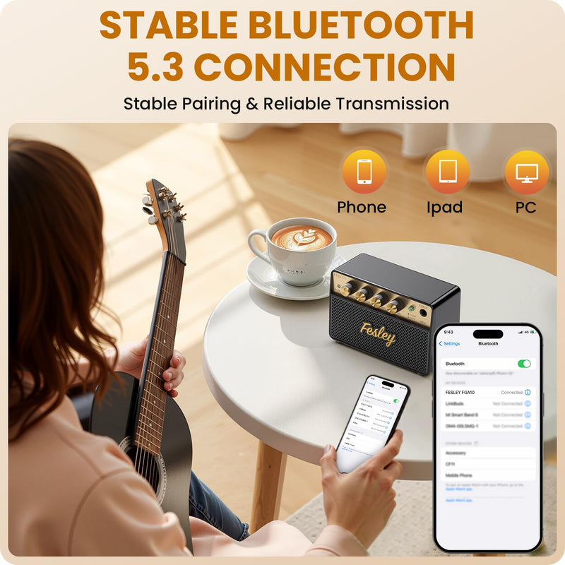 Fesley Mini Guitar Amp: 10W Portable Recharged Guitar Amplifier, Bluetooth Amp with Clean and Drive Channels, Mini Amplificador for Practice with 3.5mm Headphone Output, FGA10