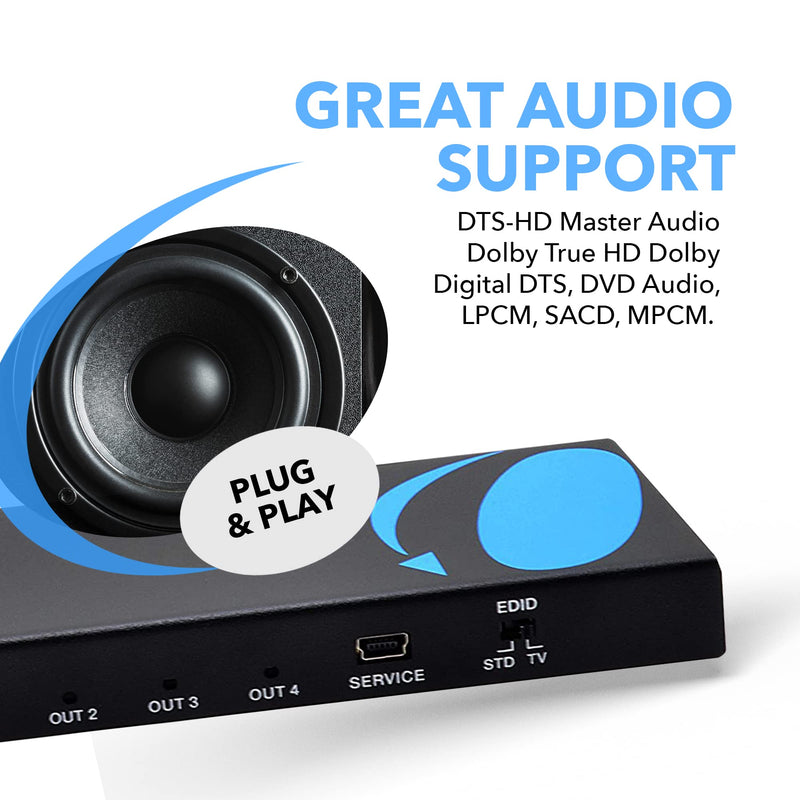 OREI UltraHD 4K @ 60 Hz 1 X 4 HDMI Splitter 1 in 4 Out 4 Port 4: 8-Bit - HDMI 2.0, HDCP 2.0, 18 Gbps, EDID, Duplicate / Mirror 4K Screens - UHDS-104 1x4