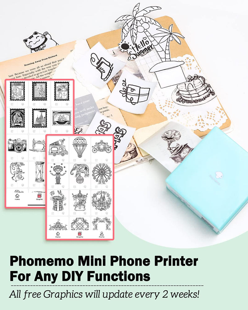 Phomemo Sticker Printer -M02 Mini Thermal Printer Bluetooth Sticker Maker with 3 Rolls Paper, for DIY Creation, Study Notes, Memo, List, Work Plan, Gift, Cyan 1 Printer + 3 Roll Papers