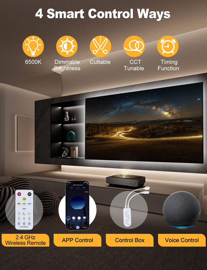[AUSTRALIA] - COB LED Strip Light 16.4ft, Dimmable 2300K-6500K White CCT Tunable, DC 24V Cuttable LED Tape Light, High Density 3040 LED 36W CRI 90, APP Remote Control, Music Mode, For Home DIY, Living Room, Bedroom 
