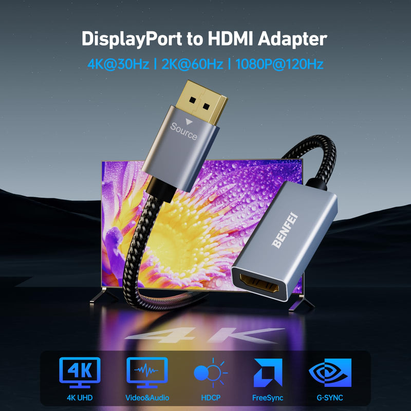 BENFEI 4K DisplayPort to HDMI Adapter Cable, (2K 60Hz, 1080p 120Hz) Uni-Directional Display Port to HDMI Monitor Converter Compatible for HP, Dell, GPU, AMD, NVIDIA, More. Male to Female 1 Grey