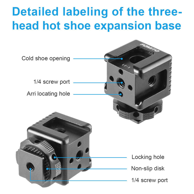 FOMITO 3 Port Cold Shoe Mount with 1/4"-20 Thread for Camea Cage Tripod Grip Flash LED Monitor Microphone