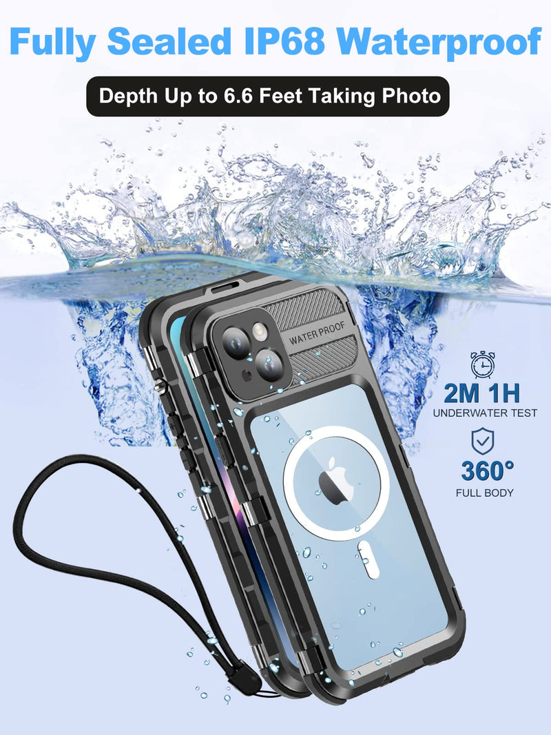 WIFORT for iPhone 14 Waterproof Case - Metal Full Body Protection Case Built-in [Screen Protector][IP68 Water Proof][14FT Military Grade Dropproof][Compatible with MagSafe] Phone Cover, 6.1" Black