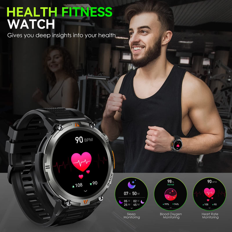Military Smart Watch for Men with LED Flashlight 1.45" HD Bluetooth Calling | Rugged Tactical Smartwatch, Outdoor Sports Fitness Tracker Watch with Heart Rate Sleep Monitor for iPhone Android Phone Black + Extra Stainless Steel Band