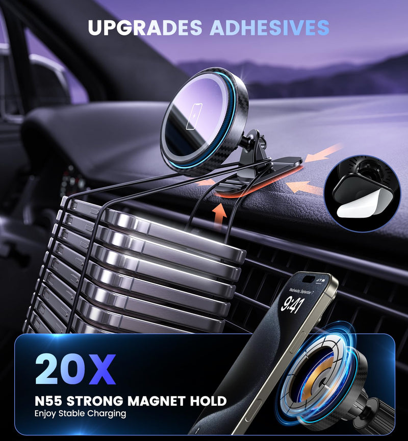 Magnetic Car Charger Mount 15W for iPhone 17-12 Pro Max | N52 Strong Magnets, 360° Rotation, Dashboard & Vent Mount, Compatible with Magnetic Cases, Gift for Men, Black CFBlack