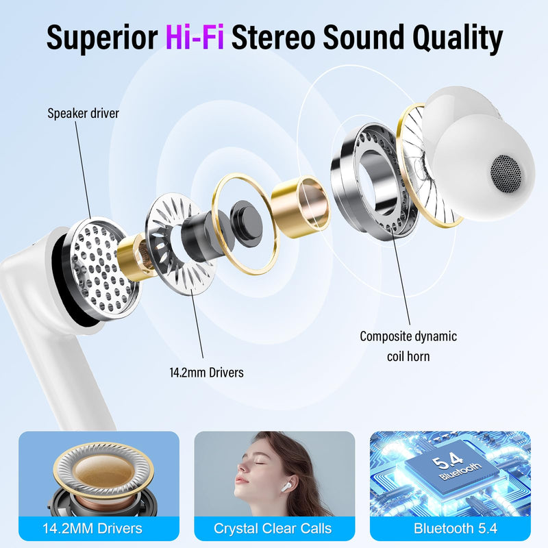 Wireless Earbuds, Bluetooth 5.4 Ear buds with Multifunctional Touch Screen, 48H Bass Stereo Headphones with ANC/ENC Noise Cancelling/Transparency mode, IPX7 Earphones with 5 EQ Modes, Ivory White