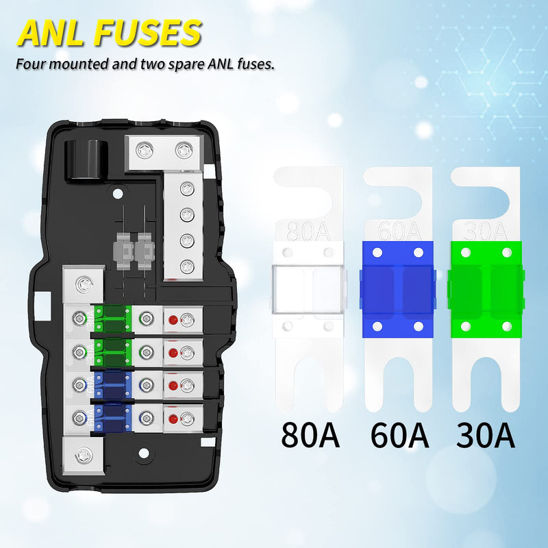 Joinfworld Fused Power Distribution Block Car Audio 4 Way MIDI(Mini-ANL) Fuse Block 12V 0/4 Gauge with Ground for Auto UTV Boat Stereo Amp