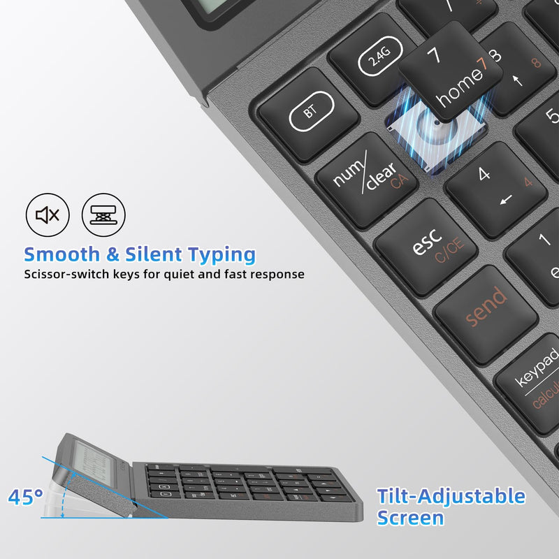 2-in-1 Wireless Bluetooth Number Pad, Bluetooth 5.0 & 2.4G Numeric Keypad with Calculator & Adjustable Screen, USB C Rechargeable Numpad for Laptop, Mac, iMac, Windows,Tablet, PC Desktop - 33ft Range