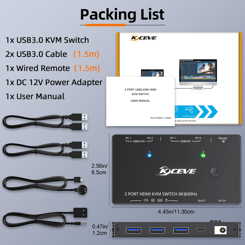 KVM Switch 1 Monitors 2 Computers 8K@60Hz,HDMI USB3.0 KVM Switches with 3 USB 3.0 Port,Wired Remote,Power Adapter and USB3.0 Cables Included Black 12 cm HDMI 2 in 1 Out