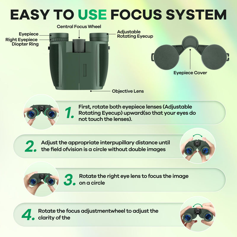 [AUSTRALIA] - Leacco 10x25 Compact Binoculars for Adults and Kids, Large View Waterproof Small Binoculars with Low Light Vision BAK4 Prism FMC Lens for Cruise Ship Bird Watching Travel Hunting, Military Green 