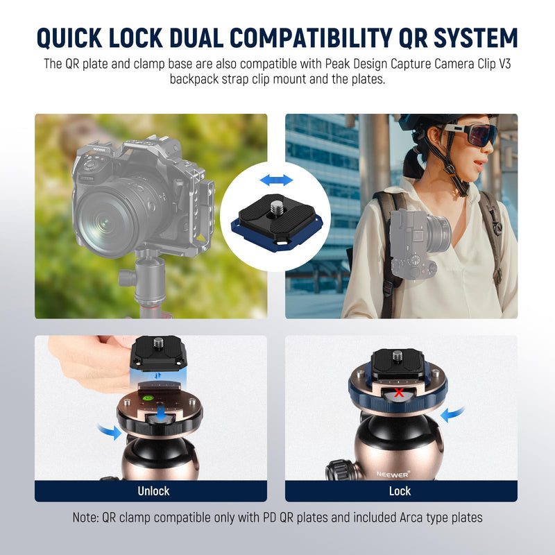 NEEWER Tripod Ball Head Mount Adapter, Low Profile Tripod Head Camera Ball Mount, Quick Lock with 1/4" QR Plate Compatible with Peak Design Capture Camera Clip, 360° Pan 90° Tilt, Max Load 22lb, GM32