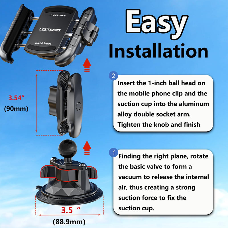 LOKTENWO Car Phone Holder Mount with Vibration Dampener | [Camera Friendly] [1s Lock & Release] Twist-Lock Suction Cup Base for Vehicle Windshields, Fit 5.4''-7.2'' Smartphones